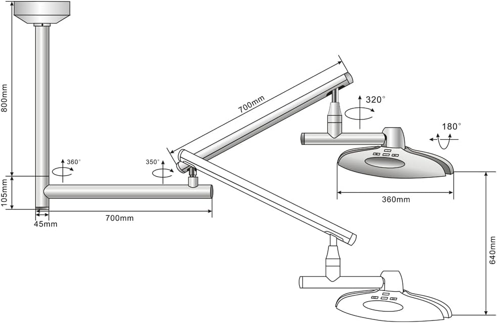 Global-Dental 90W LED Shadowless Light Exam Lamp Adjustable 4 Brightness Arm Rotation Micro-Surgery 9Pcs 10W Bulbs KD-2012 (Ceiling Type)