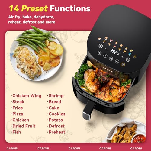 Image of CARORI 6 Qt Dual Heat Air Fryer with Viewing Window, 14 Presets, 1700W, No-Flip Top and Bottom Heating, 392F Max, Nonstick Dishwasher-Safe Basket, Black