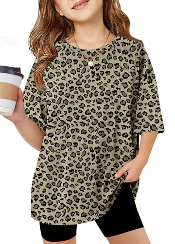 Arshiner Girls Tops Size 9 Years Old Short Sleeves Oversized Fashion Shirts for Girls Loose Casual Crew Neck Soft T Shirts for Kids Leopard Print