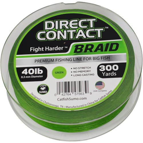 Direct Contact Premium Braided Fishing Line for Big Fish - No Stretch - No Memory - Long Casting, 300 Yard Spool with Abrasion Reistant Treatment (40lb, Sumo Green)