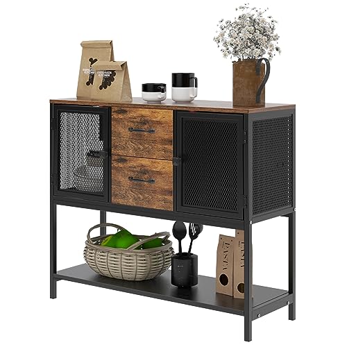 sogesfurniture Aparador, Estilo Vintage, Decoración Minimalista para el hogar, con Dos cajones, estantes Dobles, Cubierta Protectora de Malla, para Cocina, Entrada, Salón, 100 x 35 x 84,5 cm