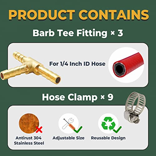 Lionmax Brass Hose Barb Tee Fittings 3 Pcs, 3 Way Union Barb T Fitting, 1/4" X 1/4" X 1/4" Id Hose Barb, With 9 Hose Clamps, For Water/Fuel/Air #TOP1
