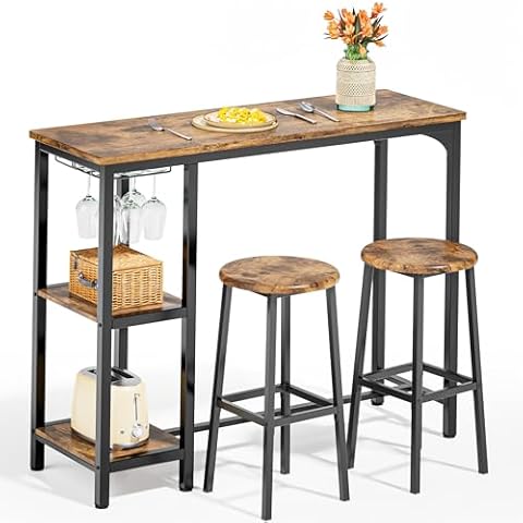 Qsun 3-Piece Bar Table Set for 2, Bar Table with Stools & 2 Storage Shelves, Small Bar Table Set with Glass Rack, Small Kitchen Table for Dining Room, Living Room, Rustic Brown Cover