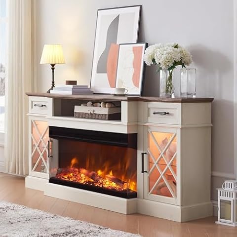 OKD 3-Sided Farmhouse Electric Fireplace TV Stand for TVs up to 80'', Highboy Entertainment Center with Glass Door Storage Cabinet, 70'' Large TV Stands with 36'' , Antique White Cover
