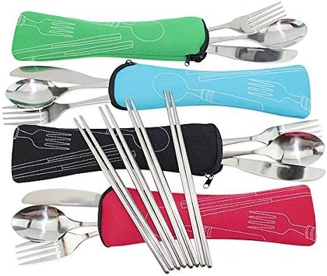 Juego de 44 piezas de acero inoxidable (cuchillo, tenedor, cuchara, palillos). Vajilla portátil ligera, para campamentoviajeoficina con fundas de