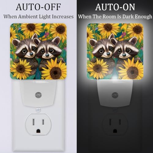 Image of NEWzone Raccoons Sunflowers Night Light Set of 2, Auto Sensor LED Dusk-to-Dawn Nightlights, Plug-in Sensor Lamp for Bedroom Bathroom Kitchen Hallway Stairs Decorative