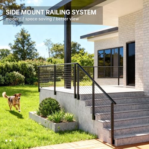 Image of 4-12FT Swageless Side Mount Stair Cable Railing Post for 28-38 Degrees Stair, Left Side Railing System 3 Stair Post, 141FT Cable, 22 Patent Terminal, Fascia Mount Post Kit for 36 inch /42 inch Railing