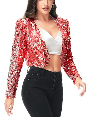 Anna-Kaci Womens Shiny Sequin Long Sleeve Glitter Cropped Blazer Bolero Shrug, Red, X-Large