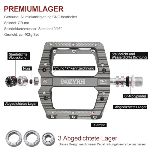 MZYRH MTB Pedals Mountain Bike Pedals with 3 Sealed Bearings, 9/16 Inch Bicycle Pedals - Image 3