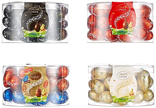 Lindt Schokolade LINDOR Eier | 4 Boxen à 450 g | LINDOR Eier mit zartschmelzender Füllung in den Sorten Milch, Weiß, Dunkel, Haselnuss | Oster Schokolade | Schokoladengeschenk | Ostereier | Schokoeier