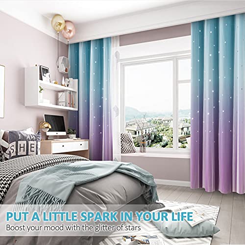 Image of Stiio 2 Panels Star Cutout Blackout Curtains, W52 x L95 inches Blue Purple | Light Blocking; Window Treatment with Sheer Grommet Window Drapes; 2 in 1 Curtain for Girls Kids Bedroom Living Room