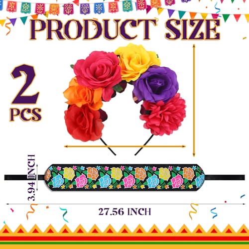 Zoooyawn 2 Pcs Traditional Embroidered Mexican Belt Adjustable Mexican Rose Flower Crown Day of the Dead Floral Crown for Women Dress Boho Floral Traditional Fiesta Party Sash2