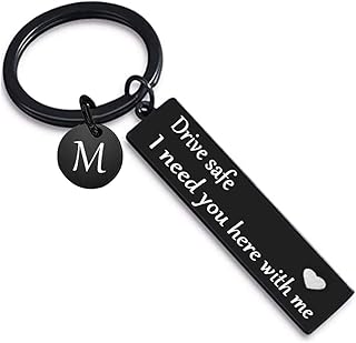Drive Safe Keychain Key Rings Gifts for Boyfriend Birthday 26 Letter Keychain (Abbreviation M, Black)