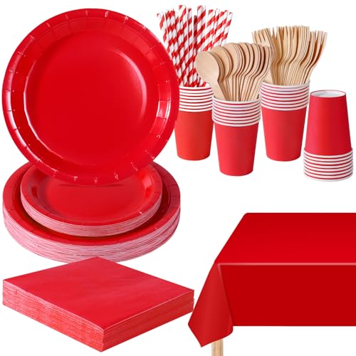 PYAILI 169 Piezas Rojo Vajilla Fiesta Cumpleaños, Platos y Vaso Cumpleaños Infantil, Set de Party Decoración Platos Servilletas para Navidad, Barbacoas, Fiestas -24 Invitado