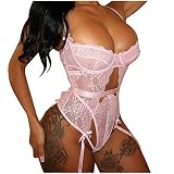 JISHII Bodys für Damen Rosa Spitze Mesh Extradünn Atmungsaktiv Schleife Lace up Sexy Verführerisch Erotische Reizwäsche Durchsichtige Undichtes Gesäß Schlaf Polsterung Perfekter Sitz Liebe Unterwäsche