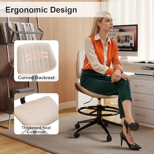 Image of Drafting Chair, Ergonomic Office Chair with Walnut Wood Back Support, Armless PU Leather Desk Chair with Height-Adjustable, Thick Cushion for Home, Bar, Drafting, Office (Beige)