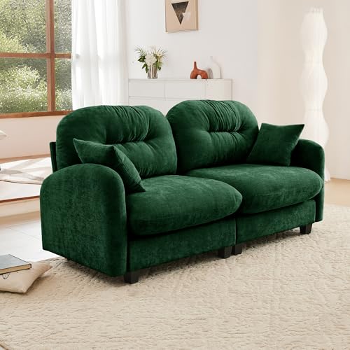 Image of KEIKI 74 inch Oversized Chenille Modular Sectional Loveseat Sofa with High-Density Foam Cushions and Tufted Pleated Cushion Backrest, Upholstered 2-Seater Cloud Couch with 2 Pillow, for Living Room, Green