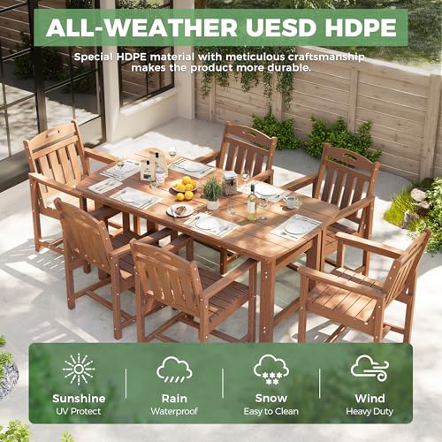 Image of HDPE Outdoor Dining Set, Patio Table and Chairs Set, All-Weather 7-Piece Outside Table and 6 Chairs, 2 inch Umbrella Hole, Outdoor Furniture for Garden, Poolside, Backyard, Deck | Teak