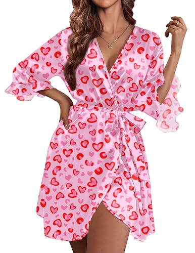 Image of Ekouaer Women's Satin Robe Valentines Lingerie for Women Kimono Bathrobe Short Ruffle Belted Robes Bridesmaids Sleepwear