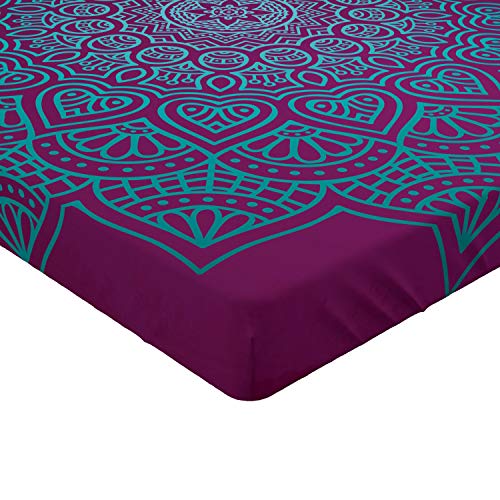 Lunarable Bohemian Mandala Fitted Sheet, Inspired Sun Look Flourish Ornament Motifs And Lines, Bed Cover With All-Round Elastic Deep Pocket For Comfort, King Size, Purple Turquoise #TOP2