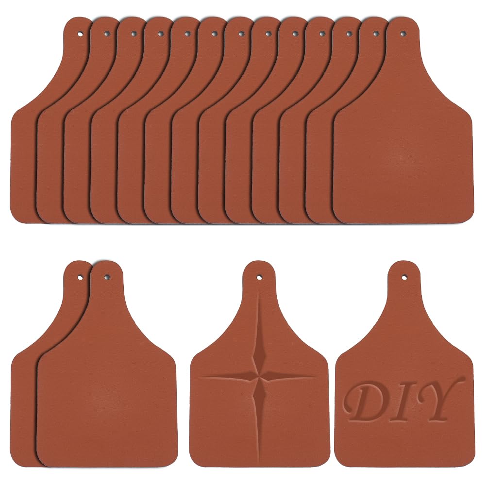 OLYCRAFT 40Pcs 2.9x1.9 Inch Leather Blank Cow Ear Tag Coconut Brown Genuine Leather Labels Blank Tags Labels with Hole for DIY Jeans Bags Shoes Hat