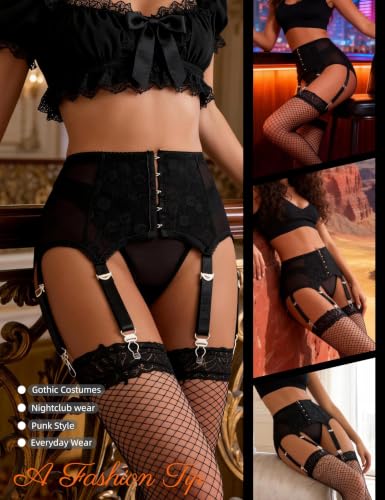 comeondear Sexy Strapsgürtel Breit Damen 6 Halter Clips Strumpfhalter Große Größen Strapsen Dessous Set für Frauen Mesh Strapshalter Garter Belt Strumpfgürtel mit G-String Strumpfband (Schwarz,M-L)