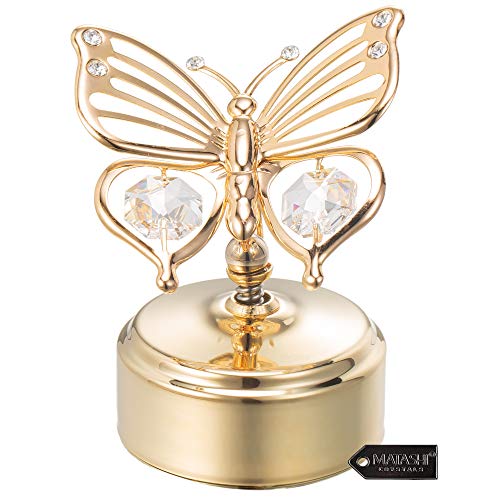 Matashi - Caja de música chapada en oro de 24 quilates con incrustaciones de mariposa de cristal en una base lisa
