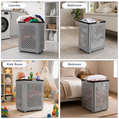 Image of JD FRESH Large 45 Liters Foldable Laundry Basket /Multipurpose Laundry Bag for Clothes with Wheels and Integrated Handles /Movable Plastic Clothes Basket /Laundry Bucket for Home & Laundry Room (Grey)