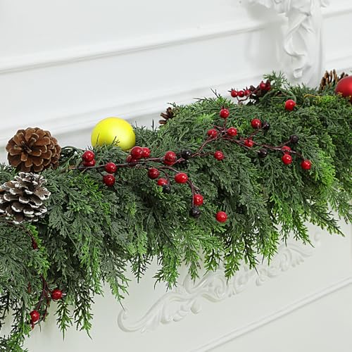 12 FT (2 * 6FT) Realistic Artificial Cedar Pine Garland - Thick Lush Full Faux Greenery Garland for Fireplace Mantle, Indoor Outdoor Christmas Holiday Home Party Decorations — view 3