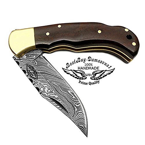Rose Wood Unique Beautiful 6.5'' Custom Handmade Damascus Steel Brass Bolster Back Lock Folding Pocket Knife Sharpening Rod 100% Prime Quality Plus Beautiful Buffalo Horn Stainless Steel Pocket Knive