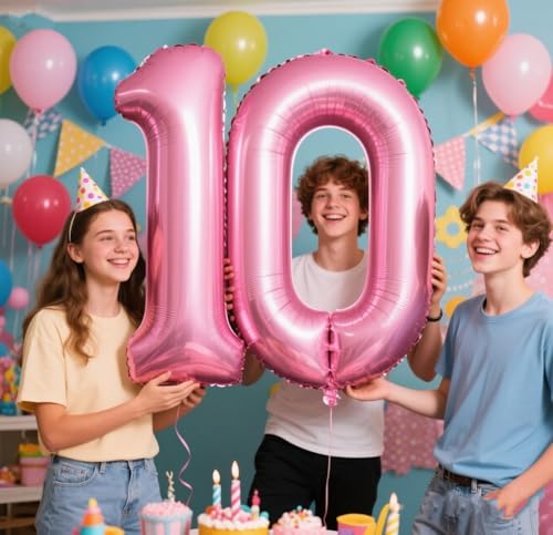 Image of 0 Balloon 40 inch Pearl Pink Number Balloons for 10th Birthday Decoration | Saturated Color, Large 40 in, With Straw & Hanging Hole, For Back-to-School Season, Wedding, Christmas, New Year, Anniversary