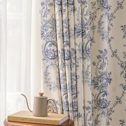 SUOUO Blue and White Floral Chenille Curtains for Living Room Printed Vintage Flower Light Filtering Window Drapes for Bedroom Dining 2 Panels 96 inches Long Cover