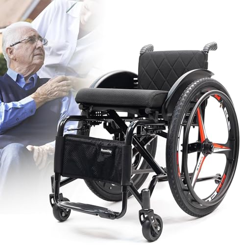 HNBYLMM Silla de Ruedas Deportes para Todoterreno, Silla de Ruedas Plegable Ultraligera de Aluminio, reposapiés y Altura del Asiento Ajustables, frenado Doble, para Adolescentes, Adultos y Personas M