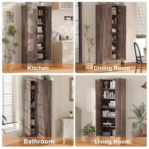 Image of Decofy 70 inch Tall Storage Cabinets, Large Wood Storage Pantry Cabinet with 6 Adjustable Shelves, 2 Striped Doors & Drawer, Standing Utility Cabinet for Kitchen, Bathroom, Dining Room, Antique (Brown)