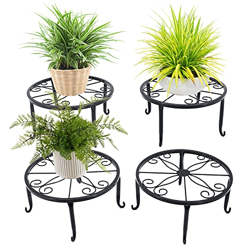 Gearific 4 soportes de metal para plantas, soporte para plantas de hierro, soporte para macetas para plantas de jardín interiores y exteriores (negro)