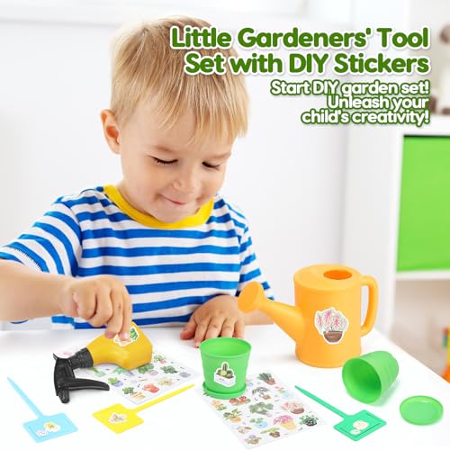 cute stone Kinder Gartengeräte Set, Gartenwerkzeug Kinder Mit Schaufel, Harke, Gießkanne, Gartentasche, Handschuhe, Schürze, DIY-Aufkleber, Out/Indoor Spielzeug Geschenk für Jungen Mädchen(Grün)