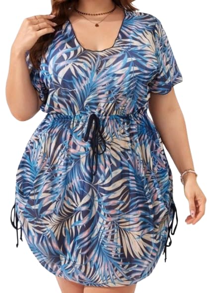 plus curvves Plus Size Women's Tropical Plant Printed Short Sleeve Cover Up - XL - 8XL-picture-29