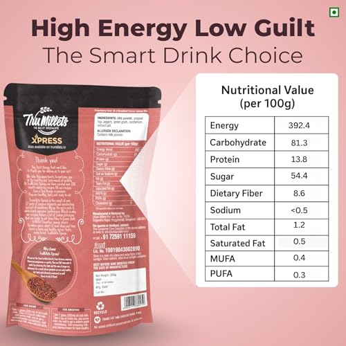 Image of Trumillets Xpress - Healthy Millet Drink - Instant Mix | Nutrition for Adults (Men & Women), Kids- Health, Strength and Energy| No Preservatives| Gluten Free| Popped Ragi Milk & Badam Milk (Pack of 2)