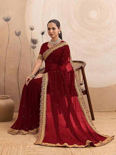 Image of Women's Georgette Embroidery Border Beads work Saree with Blouse Piece