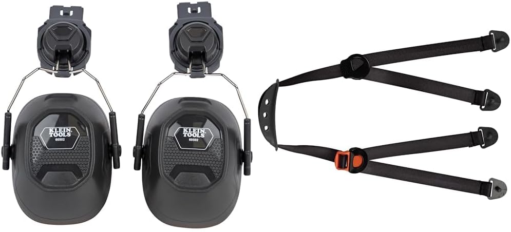 Klein Tools 60502 Earmuffs and Chin Strap for Full Brim Hard Hats, 26dB Noise Reduction Earmuffs, 4-Point Adjustable Chin Strap