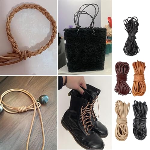 Lederschnur Rund 2mm×5m,Lederband Lederriemen Classic Kette,Lederschnur Lederband aus echt Leder für DIY Schmuck Wie Armbänder Handwerk Schlüsselband Armband Schmuck,Halsketten-Schwarz