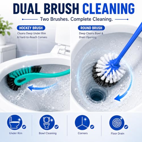 Image of PulGos 7-in-1 Bathroom Cleaning Kit | 2 Toilet Brushes-Hockey & Round Style | with 3 Self-Adhesive Wall Hooks & 2 Steel Scrubber Pads | Washroom's Deep Cleaning Brush Set for Western & Indian Toilets