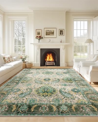 RELEANY Boho 8x10 Area Rugs Machine Washable Carpet Low Pile Non Shedding Doormat Soft Area Rugs for Living Room Bedroom Kitchen Dining Room Entryway Hallway Indoor-Green/Yellow