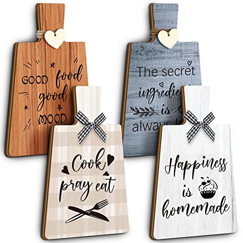 Chunful 4 Pcs Kitchen Cutting Board Wall Decor Sign 4 x 7 Farmhouse Wooden Kitchen Wall Hangings Rustic Tiered Tray Decor Wood Art Hanging Sign with Hooks for Home Dining Living Room Cafe