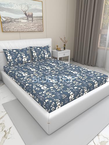 Image of Blue Strip 300 TC Cotton Feel Glace Cotton Flat Printed Queen Size Double Bed Bedsheet with 2 Pillow Covers,Size- 90 x 100 Inches
