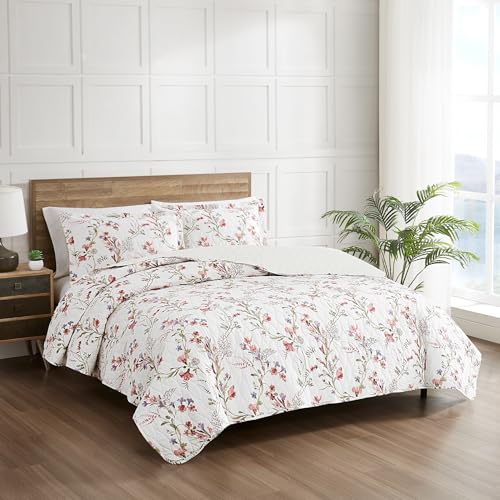 Image of Modern Threads Ariana 2-Piece Floral Stripe Quilt Set, Soft Cotton Lightweight Bedspread with Reversible Design and 1 Pillow Sham, Soft Pink Floral, Twin