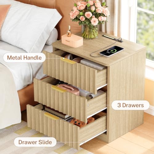 Image of TEENFON Fluted Night Stand with 3 Storage Drawers, Nightstand with Charging Station and LED Light, Bedside Table for Small Space, Bedroom, Natural