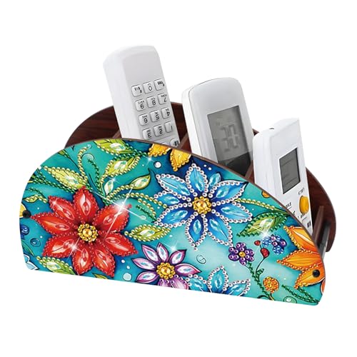 Image of DIY Diamond Painting Storage Box Floral Design Multi-Compartment Wooden Organizer for TV AC Remotes, Makeup Brushes, Pens, Desktop Tabletop Craft Storage