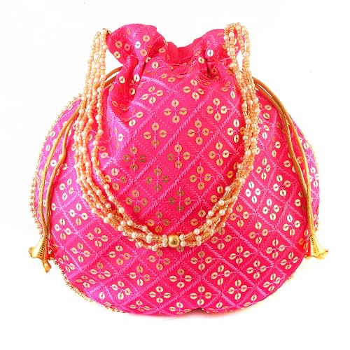 Image of Handcrafted Potli Purse with Golden Floral Embroidery and Pearl Accents