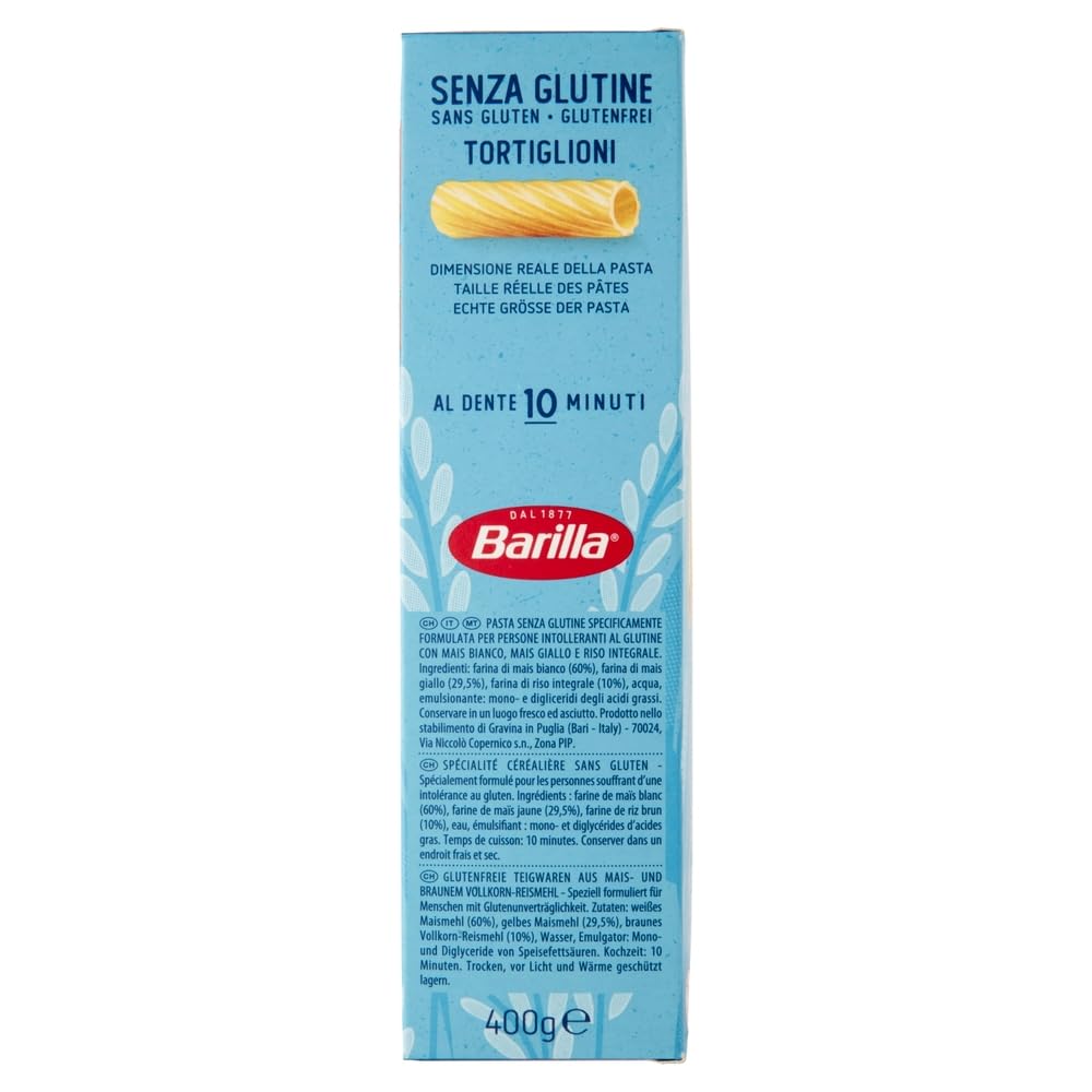 Italian Gourmet Tortiglioni Pasta Senza Glutine 24 x 400g Mais Reis Vegan | Trafilata per tenuta al dente, laktosefrei und kochstabil, ideal mit Sugo, Gesamtnettogewicht 9,6 kg + Kostenlos Polpa 400g